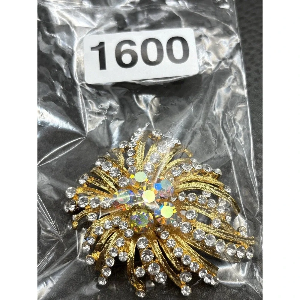 HUGE Aurora Borealis AB Crystal Rhinestone Sunburst Gold Tone Brooch Pin